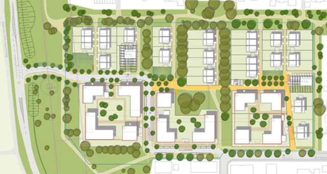 Auf der früheren Otto-Bauder-Sportanlage in Seckenheim soll ein neues Wohnquartier mit viel Grün entstehen. | Foto: Stadt Mannheim, MWSP, Grundlage: LEHENdrei
