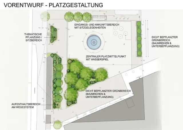 6 Schnurbäume werden an der Westkante des Theaterplatzes gepflanzt. Ins bestehende Beet an der Nordkante werden neue Bäume eingebracht, ins Beet an der Südkante mehrere Stauden. Daneben sorgen fünf große Schirme für mehr Schatten.  | Foto: JG/KI-rekonstruiert auf Grundlage der Originalpläne