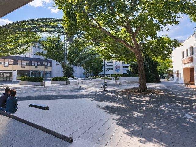 Der Bürgerhof wird mit einen großen Rankgerüst und wildem Wein beschattet. Die Rankpflanze soll mehrere Meter im Jahr wachsen.  | Foto: Stadt Ludwigshafen