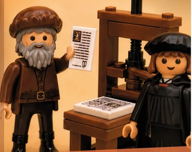 Gutenbergs Erfindung verändert die Welt! Beim Luther-Familienfest können Familien einen Bibelvers an der Druckerpresse drucken. | Foto: Mit KI erstellt/Evangelische Gemeinde Lachen-Speyerdorf