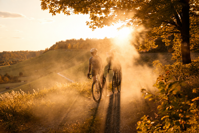 Goldene Sonnenstrahlen, buntes Herbstlaub und schmale Pfade: Im Herbst wird jede Graveltour im Kraichgau-Stromberg zum Erlebnis. | Foto:  Tourimia Tourismus GmbH | Stefan Leitner Photography | KI-bearbeitet (Herbstfärbung)