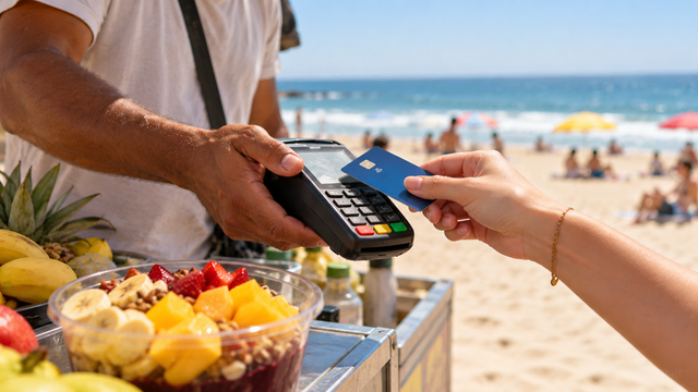 Bei Kartenzahlungen im Urlaub sollten Kunden den angezeigten Betrag genau kontrollieren. Eine 22-Jährige bemerkte nach Bezahlversuchen an einem Strandstand in Rio de Janeiro unberechtigte Abbuchungen.(Symbolbild) | Foto: Mit KI generiert/Eva Bender