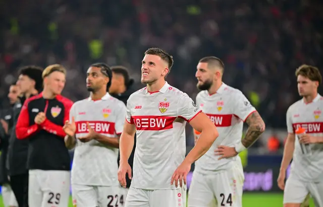 Ermedin Demirovic (Mitte) und seine VfB-Kollegen kurz nach dem Abpfiff. | Foto: Jan-Philipp Strobel/dpa