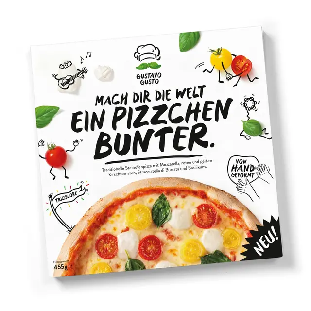 Gustavo Gusto „Tricolore“: neue vegetarische Steinofenpizza mit Stracciatella di Burrata, Kirschtomaten und Basilikum – ab Oktober im Handel. | Foto: Gustavo Gusto GmbH & Co. KG/© Gustavo Gusto