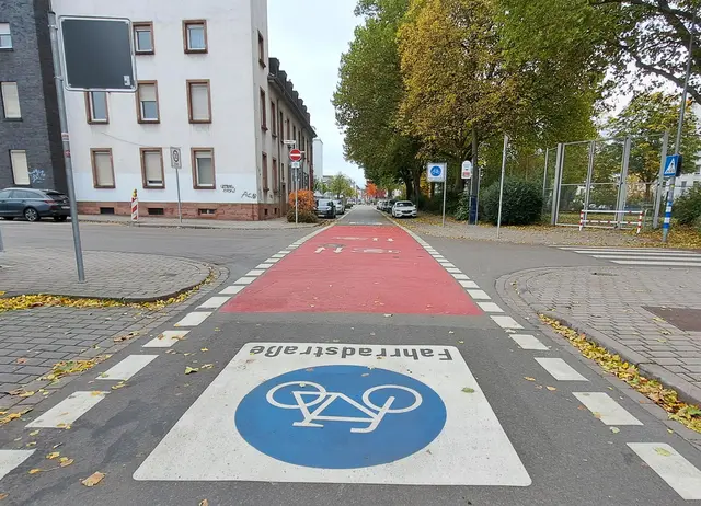 Breite weiße Blockmarkierungen und rote Markierungen an Kreuzungen sollen die Sicherheit auf der Fahrradstraße in Kaiserslautern erhöhen. Stadt und ADFC berichten von positiven Rückmeldungen zur neuen Route. | Foto: Monika Klein