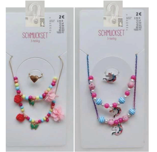 Wegen erhöhter Bleiwerte rät TEDi von weiterer Verwendung der Schmucksets ab. Betroffen sind 3er Schmucksets in pink&amp;gelb. | Foto: Produktwarnung.eu