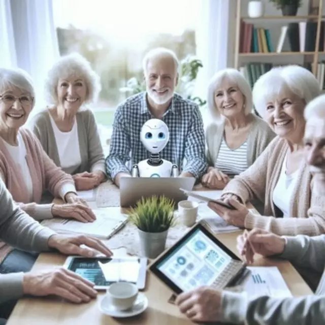 Gruppe Älterer mit einem Roboter | Foto: © mit MS Copilot erstellt