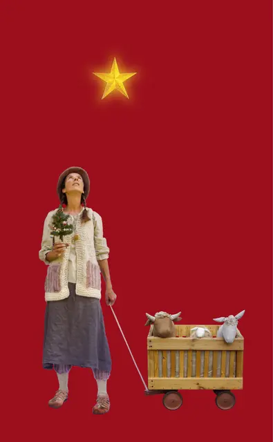 Frau vor rotem Hintergrund zu einem Stern hochguckend mit einem Bollerwagen, in dem Kuh und Esel sitzen | Foto: Stadtbücherei Östringen
