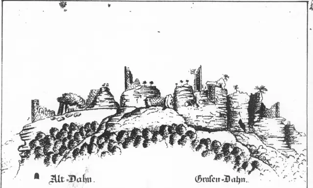 Foto: Burgruine Tanstein, der Westfelsen ist mit einem Turm dargestellt, Südansicht der Dahner Burgengruppe, gezeichnet von Martin von Neumann, vor 1838 (Bezirksverband Pfalz)