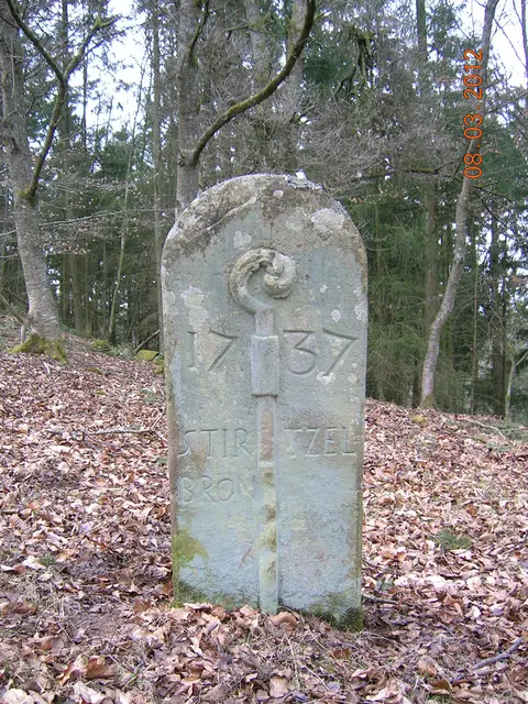 Foto: Grenzstein des früheren Zisterzienserklosters Stürzelbronn (Lothringen) mit Abtsstab aus dem Jahr 1737 (Bezirksverband Pfalz)