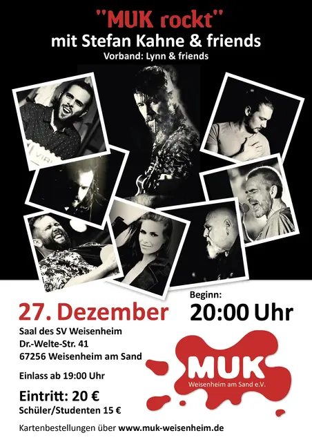 "MUK rockt" mit Stefan Kahne, Lindenbergs Panikgirl Stephanie Crutchfield, Voice of Germany-Teilnehmer Marvin Merkhofer, Tina Turner Tour-Opener Achim Degen, sowie Wolfy Ziegler, David Heiner, Sebastian Heiner &amp; Andreas Eichenauer - Opener: Lynn &amp; friends - am 27.12.2025 in der SV-Halle Weisenheim am Sand | Foto: MUK Weisenheim am Sand e.V.