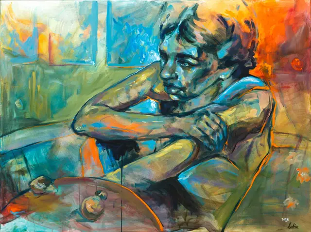 Portrait in Blau und Orange, Gemälde im Großformat | Foto: Kati Steinlechner 2025