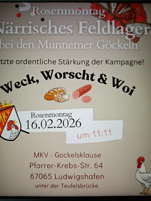 Kommt vorbei zu unserem Närrischen Feldlager und stärkt euch nochmal für die letzten Tage der Kampagne! Freut euch auf ein zünftiges Vesper mit Weck, Worscht und Woi! Lasst uns gemeinsam einen närrisch-schönen Vormittag bei netten Gesprächen, geselligem Beisammensein und bester Stimmung verbringen! Anmeldung bitte unter info@mkv1952.de oder über unsere Homepage  | Foto: GUBO 