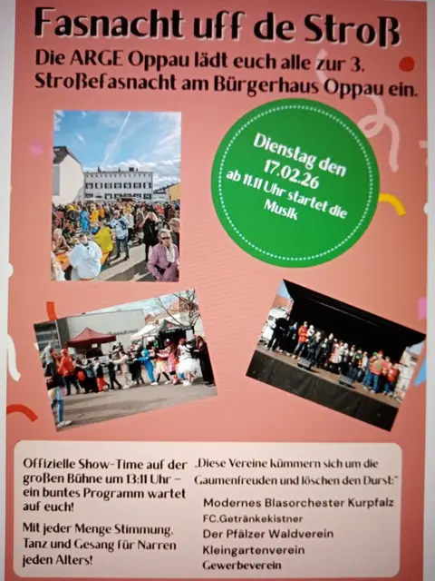 Am Fasnachtsdienstag, den 17. Februar 2026, wird Oppau erneut zur närrischen Hochburg. Zum dritten Mal findet die Platzfasnacht „Spass uff de Stroß“ vor dem Bürgerhaus Oppau statt. Ab 11:11 Uhr erwartet Besucherinnen und Besucher ein buntes, familienfreundliches Fasnachtsfest mit Musik, Tanz, Bühnenprogramm und kulinarischen Angeboten.

Die Veranstaltung wird von der ARGE Oppauer Vereine gemeinsam mit den teilnehmenden Vereinen organisiert und finanziert und ist ein echtes Gemeinschaftsprojekt für den Stadtteil.

Alle wichtigen Infos zur Platzfasnacht Oppau auf einen Blick
Datum: Fasnachtsdienstag, 17. Februar 2026
Beginn: ab 11:11 Uhr
Ort: Vor dem Bürgerhaus Oppau, Ludwigshafen
Eintritt: frei
Musik: DJ Pius Röder | Foto: Unbekannt 