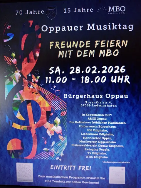 Auch in diesem Jahr freuen wir uns euch im Bürgerhaus Oppau begrüßen zu dürfen!
Am Samstag, den 28.02.2026 findet unser vierter Musiktag statt. Ab 11 Uhr gibt es jede Menge Musik auf die Ohren. Kommt vorbei und erlebt mit uns einen schönen musikalischen Tag. 🎶 
Mit dabei sind:
Der Chor der @igs_edigheim
@tve_girlsonfire
Die Bläserklasse des @whg_edigheim
Die Heßheimer fröhliche Musikanten
Musikverein 1975 e.v. Oggersheim 
@swinging_people
NoNames
Sowie das MBO mit der Big Band "Modern Lounge Orchestra", dem Ensemble und dem Orchester.
Wir freuen uns sehr den Ehrungen der Arbeitsgemeinschaft der Oppauer Vereine e.V. an diesem Tag einen feierlichen Rahmen geben zu können.
Auch in diesem Jahr wird es eine große Tombola mit vielen tollen Preisen für euch geben. 🍀
Für euer leibliches Wohl sorgen Männerchor 1879 e.v. Oppau und der @Pfälzerwaldverein Oppau-Edigheim. 🌭🍰☕️🥤 | Foto: GUBO 