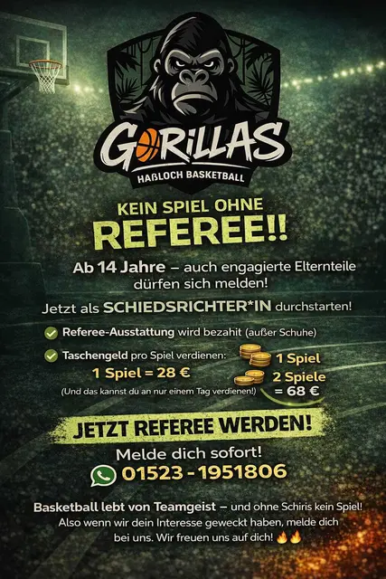 Die Gorilla 🦍 Haßloch suchen Unterstützung im Bereich Schiedsrichter, Schiedsrichterin.....

Schnelle spannende Spiele, oft bis zur letzten Sekunde. Tolle Spieler, super Teams. | Foto: Gorilla Haßloch 