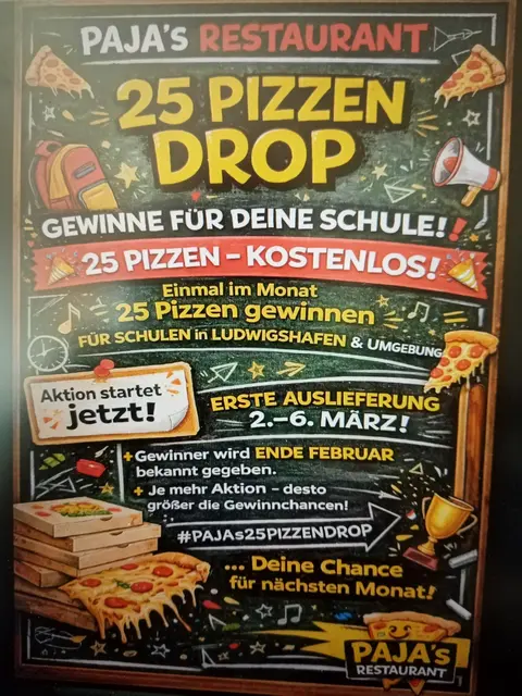 🍕 PAJA’S RESTAURANT – 25 PIZZEN DROP 🍕
🎉 GEWINNE FÜR DEINE SCHULE 25 PIZZEN – KOSTENLOS! 🎉
Wir starten mit den #Schulen in #Ludwigshafen &amp; #Umgebung
🔥 So funktioniert’s:
1️⃣ Abstimmung &amp; Community-Power
Kommentiere unter diesem Beitrag deine Schule 🏫
➡️ Markiere so viele Freunde wie möglich
➡️ Teilt den Beitrag in eurer Story
➡️ Postet &amp; mobilisiert eure Mitschüler
➡️ Folgt Paja’s Currywurst / Paja’s Restaurant 
#PAJAS25PIZZENDROP
💥 Die Schule mit der meisten Aktivität &amp; den meisten Markierungen gewinnt!!
2️⃣ 25 Pizzen Lieferung
Wir liefern 25 frische PAJA’s Pizzen 
direkt zu euch in die Schule! 🍕
Ja - das sind rund 100 glückliche Schüler!
Ihr habt gewonnen? 
Keine Sorge - wir übernehmen den Rest 
und sprechen alles mit eurer Schule ab..
📅 Aktion startet #JETZT!
🏆 Gewinner-Bekanntgabe: Ende Februar
🚚 Erste Auslieferung: 02.–06. März
Und das Beste:
👉 JEDEN Monat gibt es eine NEUE Chance!
Die nächsten Schulen können im Folgemonat wieder alles geben! 
⸻
❤️ Lasst uns gemeinsam etwas zurückgeben –
für unsere Schulen in Ludwigshafen &amp; Umgebung!
📢 Also: Kommentieren. Markieren. Teilen.
Zeigt, welche #Schule die stärkste Community hat!
Wir sind gespannt - wo unsere erste #pajas25pizzendrop Reise hingeht! 😍
🏫
#PajasRestaurant #PizzaDrop #Ludwigshafen #Maudach #Schulaktion #CommunityPower 🍕🔥
 | Foto: GUBO 