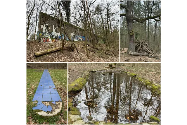 Unterwegs im Hardtwald:
- Historische Schießmauer
- Methusalemeiche
- Karlsruher Mundwerk
- Baumbrunnen | Foto: Klaus Eppele