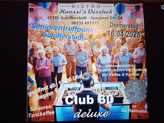 Tanztee für Senioren - jetzt auch in Schifferstadt

Haass Speyerer Str. 54, 67105 Schifferstadt, Telefon: 06235 497575
Am Donnerstag den 16.04.2026 von 14:00 bis 17:30 Uhr.
Gesellschaftstanz und Tanzmusik der 60er, 70er, 80er, Jahre
auch mit aktueller Schlager &amp; Pop Musik national und international, Walzer, Rumba, Cha Cha, Boogie, Twist und Rock´n Roll.
Auch alleinstehende Damen und Herren ohne Tanzpartner/in sind herzlich willkommen.
Sollten sie zu den Nichttänzern/innen gehören gibt es die Möglichkeit, sich in bequemen Sitzen an der Musik und am Tanztreiben zu erfreuen.
Der Unkostenbeitrag ist € 10,00 pro Person inklusive einem Gedeck mit Kaffee &amp; Kuchen. | Foto: GUBO 