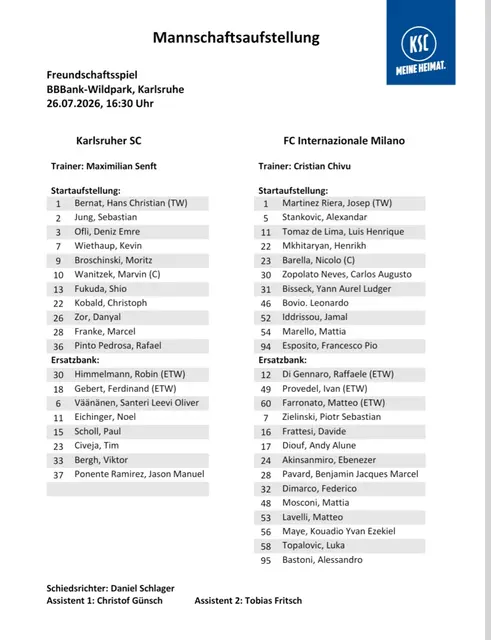 Mannschaftsaufstellung im Wildparkstadion | Foto: Screenshot KSC