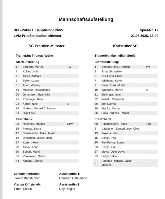 KSC-Trainer Maximilian Senft muss die Aufstellung ändern heute im Pokal: Li Egloff hat im Derby einen Schlag abbekommen, steht aufgrund von muskulären Problemen als Vorsichtsmaßnahme heute nicht im Kader. Dafür spielt Wiethaup.

 | Foto: KSC
